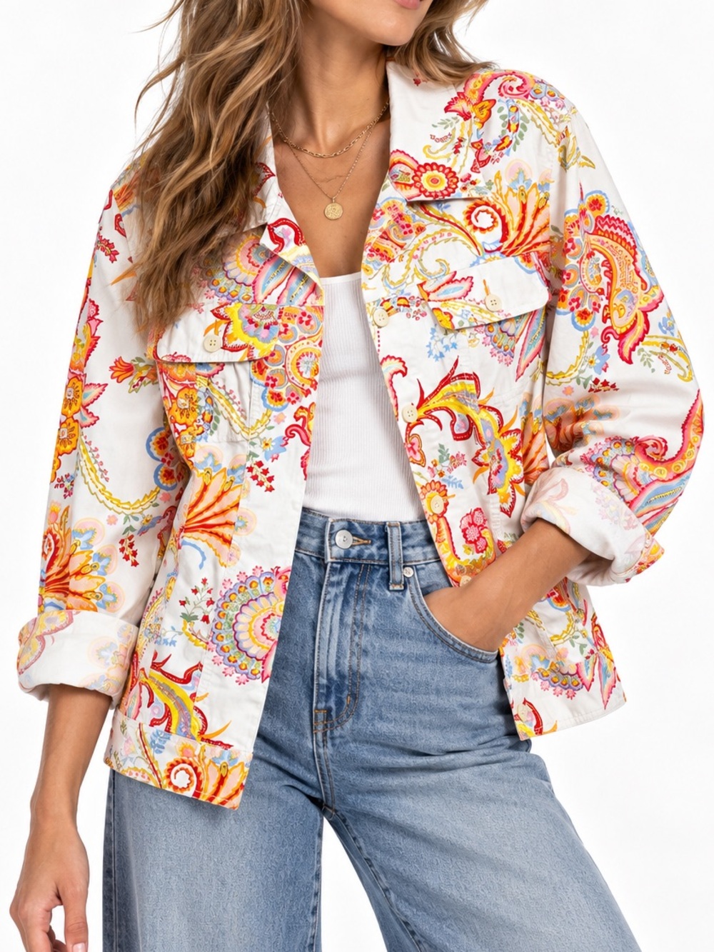 Tommy Hilfiger 100% Cotton White Multi Color Paisley Print Jean Style Jacket 2X